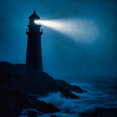 - Lighthouse on rocky coast in blue tones, maritime navigation