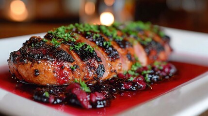   White plate, meat, cranberry sauce, green garnish