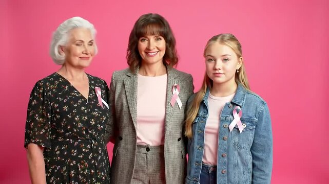 Three generations of women wearing breast cancer awareness ribbons on a pink background smiling