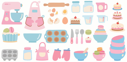 Cute Pastel Baking Ingredients and Utensils Illustration Set