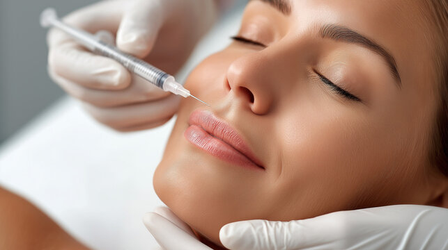 Woman receiving cosmetic facial injection in clinical setting. Smooth skin, relaxed face, and white gloves highlight beauty treatment. Clean background provides copy space for medical use.
