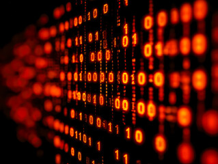 Digital matrix of glowing red binary code representing data flow and computer processing