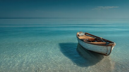 Naklejka premium A tiny vessel bobbing atop a serene body of water near a pristine blue shoreline