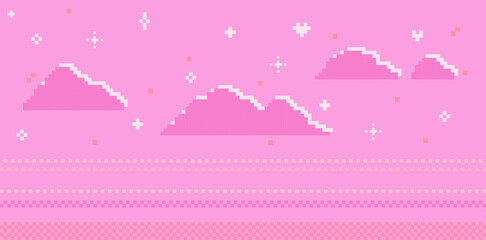 Pixel art pink clouds. Abstract fantasy sky game background. arcade pattern. Romantic sky. Mood of 90s. 8 bit retro style nostalgic pixelart vector illustration. Minimal geometric horizontal bg