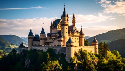Fototapeta premium Majestic castle atop a hill bathed in golden light