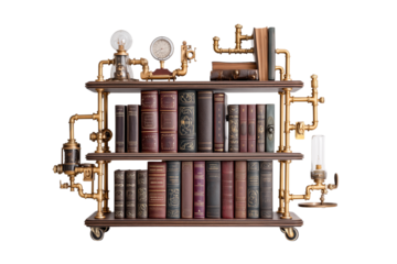 Ornate steampunk bookshelf filled with antique books and brass piping details isolated on transparent background