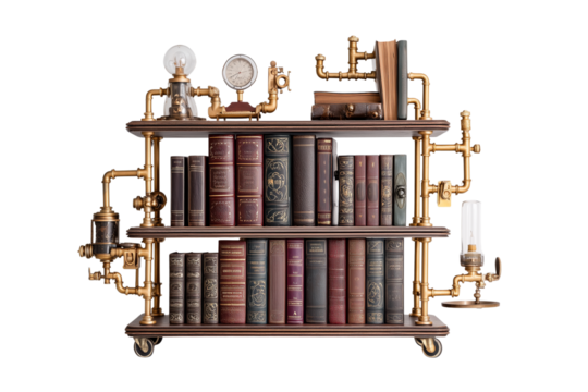 Ornate steampunk bookshelf filled with antique books and brass piping details isolated on transparent background