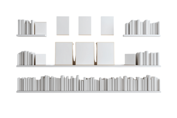 Collection of white books neatly arranged on white shelves a classic library display isolated on transparent background