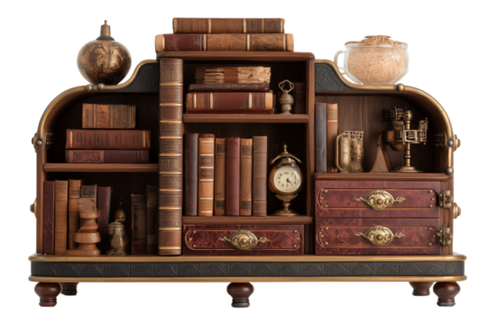Antique wooden bookshelf filled with vintage books and decorative objects isolated on transparent background