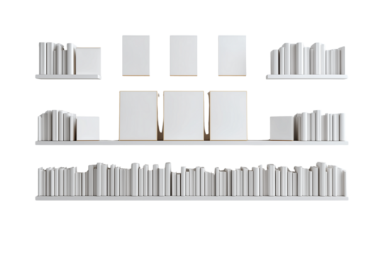 Collection of white books neatly arranged on white shelves a classic library display isolated on transparent background
