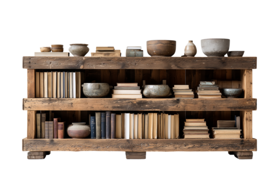 Rustic wooden bookshelf filled with antique books and decorative ceramic vases isolated on transparent background