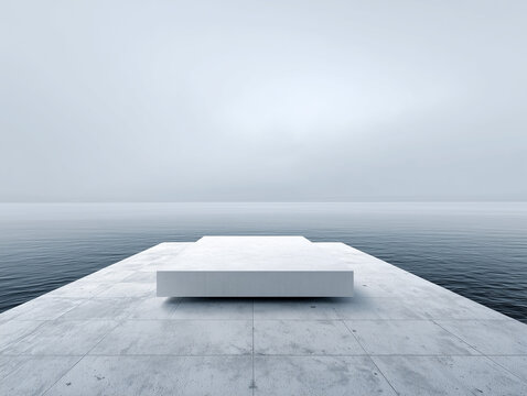 Minimalist scene with floating white platform on water in fog.