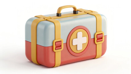 Stylized first aid kit with red cross, straps, and handle, isolated on white background