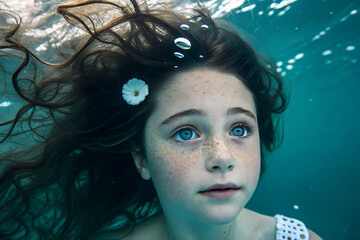 Ethereal underwater portrait of a young girl with freckles and flowing hair. A beautiful and serene child with blue eyes looking up through the water.
Generative Ai.