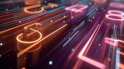 Advanced technology circuit board featuring bright neon pathways and electronic connections in purple and orange colors. High-tech digital infrastructure showcasing modern computing and data flow.