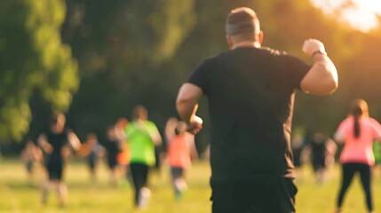 Fototapeta premium Fitness trainer leading outdoor group exercise class in a park