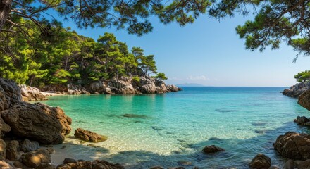 A secluded cove with crystal clear turquoise water and lush green trees