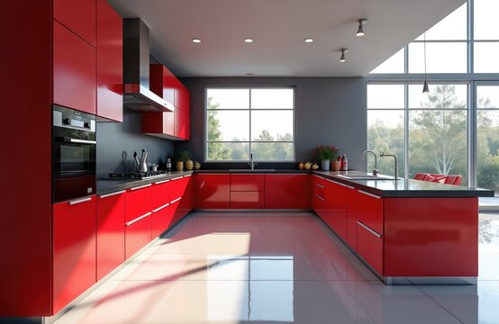 Modern kitchen featuring sleek red cabinets with glossy finish, high-tech appliances. Stylish, vibrant interior includes U-shaped counter with stainless steel hardware. Large windows offer views of