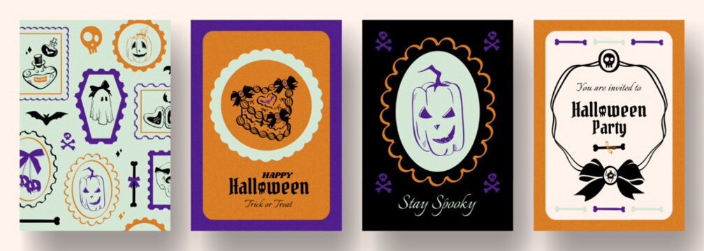 Set of cute Halloween posters with pumpkin, cake, bows, candies, hand drawn decoration elements. Vintage coquette aesthetic, cute holiday design, templates for invitations, greeting cards, cover.