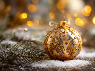 Elegant gold and silver decorated Christmas ornament with festive bokeh background
