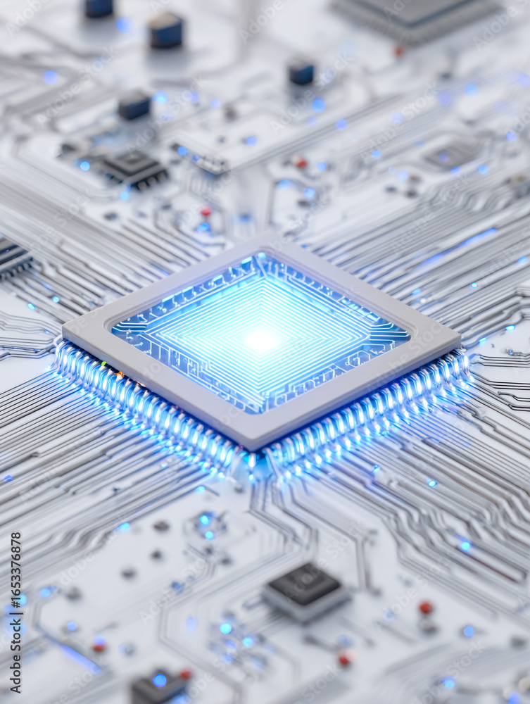 Poster advanced microchip design with glowing circuitry on a high-tech circuit board