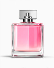 Perfume bottle with pink liquid and floral background.