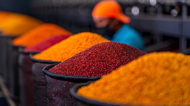 Vibrant spice market display with colorful mounds of spices