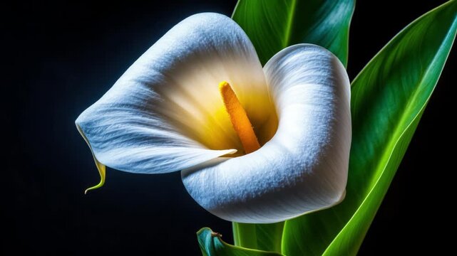 Vibrant close-up of a white calla lily with yellow center against a dark background