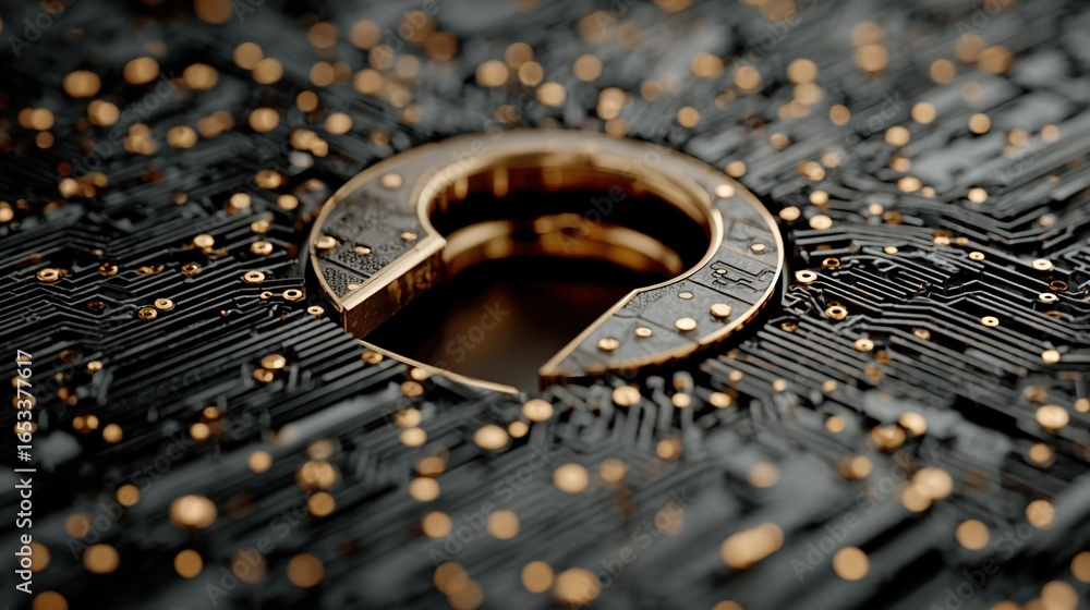 Poster a zoomed-in image of a computer circuit board featuring a hole in its center adorned with numerous g