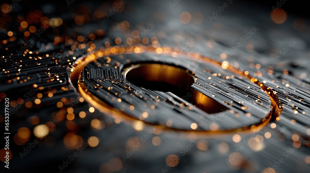 Poster a high-resolution photo of a microchip with a circular golden dot pattern inside the chip's center
