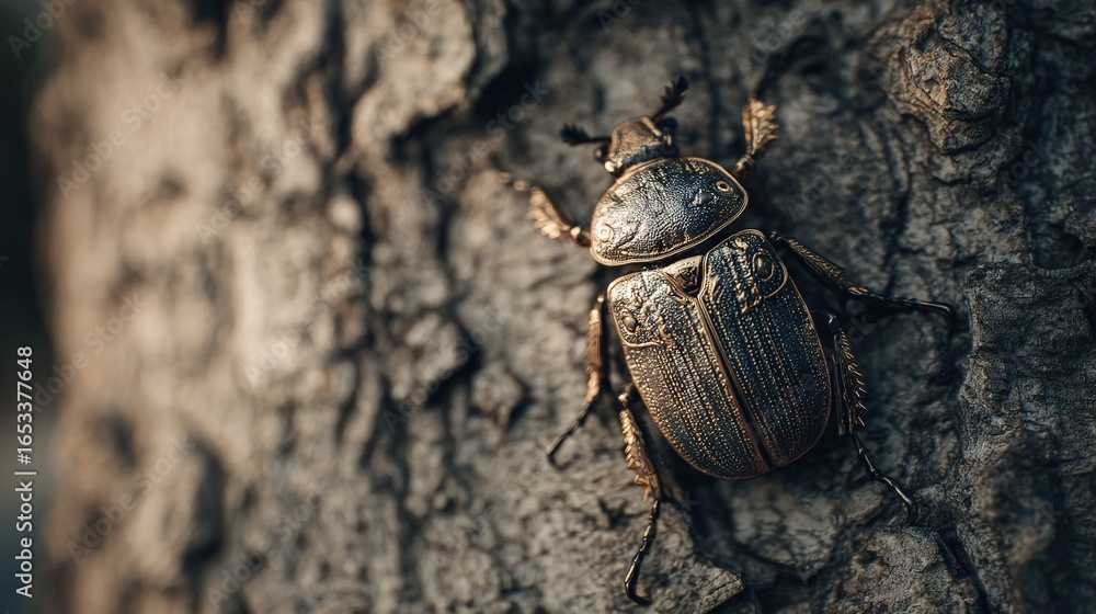 Poster a high-focus beetle rests near a tree's edge, bathed in sunlight, while a hazy backdrop surrounds th