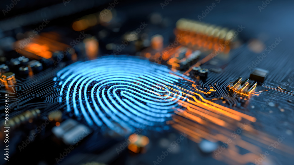 Poster digital fingerprint scanning on a high-tech circuit board
