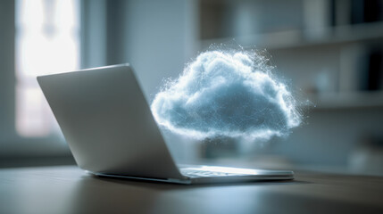 Digital cloud computing concept with a futuristic cloud hologram over a laptop