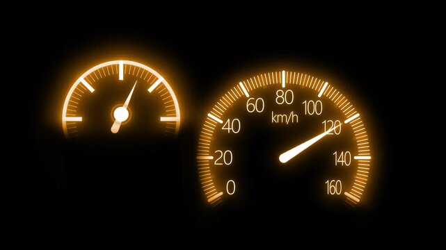 Glowing Speedometer and Tachometer Display Animation, Speed Measurement Display in Neon Glow