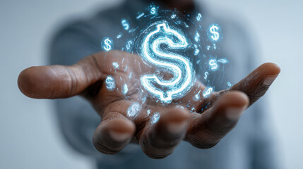 Digital concept of financial prosperity with glowing dollar symbol in hand