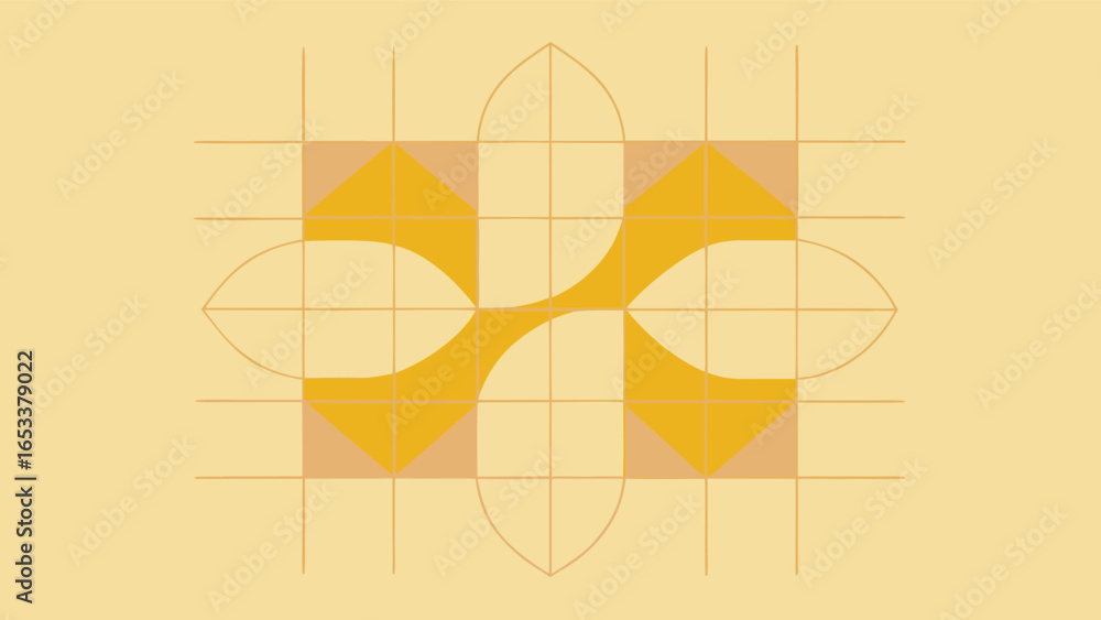 Poster symmetrical geometric floral pattern in yellow and beige with grid abstract background