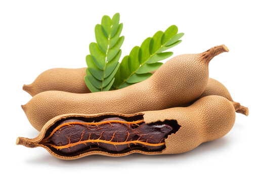 Fresh tamarind pods with green leaves on a white background