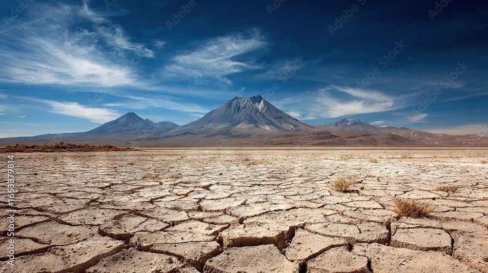 Aufkleber dirt field in foreground with mountain in background and blue sky with clouds add patches of dry gra