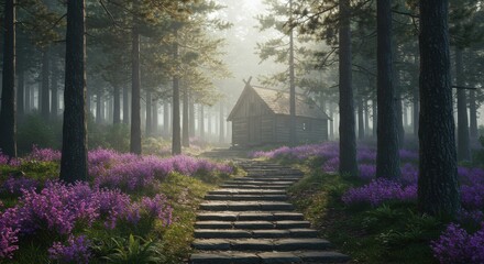 Wooden cabin in a misty forest with purple flowers and sunbeams