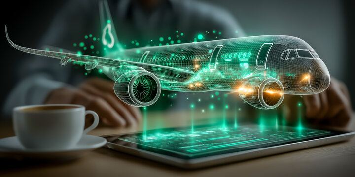 タブレットから浮かぶ飛行機ホログラムとデジタルツイン - Powered by Adobe