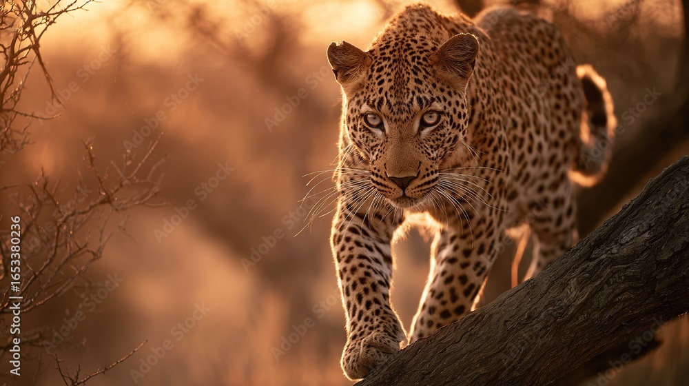 Poster a pair of cheetahs stroll across a tree branch amidst a sea of dry grass and towering trees in the d