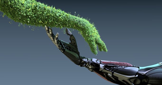 Green technology and AI integration conceptual design, symbol of The Nature as human arm covered with grass and lush touching highly detailed robotic hand, rendered on blue background. 3d render
