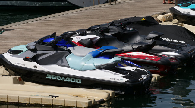 Portugal, Albufeira, August 17. 2025, The photo shows several Sea-Doo GTX jet skis moored at the dock. Sea-Doo is a personal watercraft (PWC) manufactured by Bombardier Recreational Products (BRP)