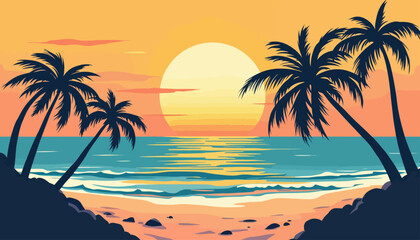 Obraz premium Cartoon illustration of a tropical beach with palm trees silhouetted against a sunset over the ocean.