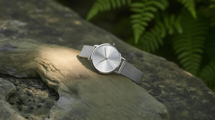 Luxury Silver Watch on Natural Stone &ndash; Elegant Timepiece Photography with Minimalist Design for Fashion, Accessories, and Lifestyle Branding