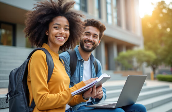 Happy smiling students with backpacks hold laptop and book on college campus. Focus on technology, learning and skill development. Friends share knowledge and experience for future success. - Powered by Adobe