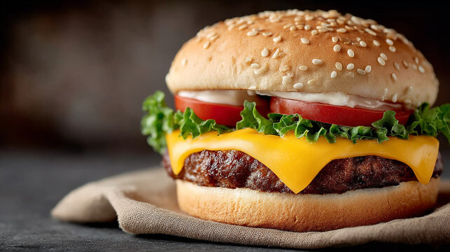 Classic beef burger with cheese fresh vegetables.