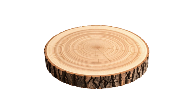 Polished tree trunk cross section showing growth rings on transparent background