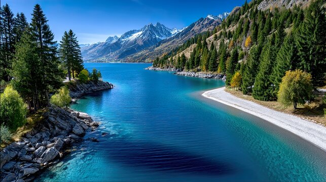 Aerial view of a turquoise mountain lake surrounded by pine forests and snow-capped peaks.
 - Powered by Adobe