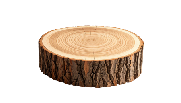 Tree trunk cross section showing growth rings on transparent background